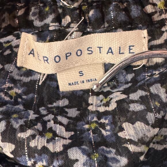 Aeropostale Small Cropped Top Floral Ruffled Keyhole Balloon Sleeve Square Neck - Picture 8 of 9